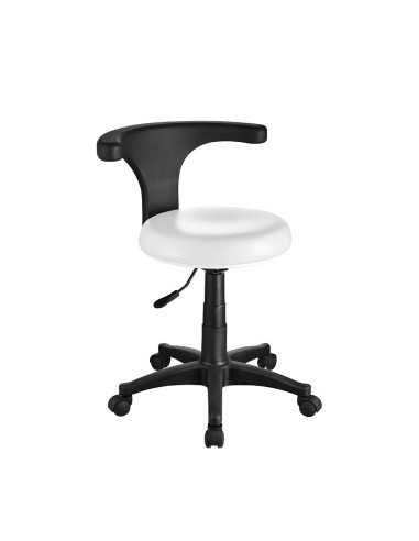 TABURETE BLANCO ERGONOMICO PODOLOGIA MODELO "ERGO". BASE CON RUEDAS. RESPALDO RO